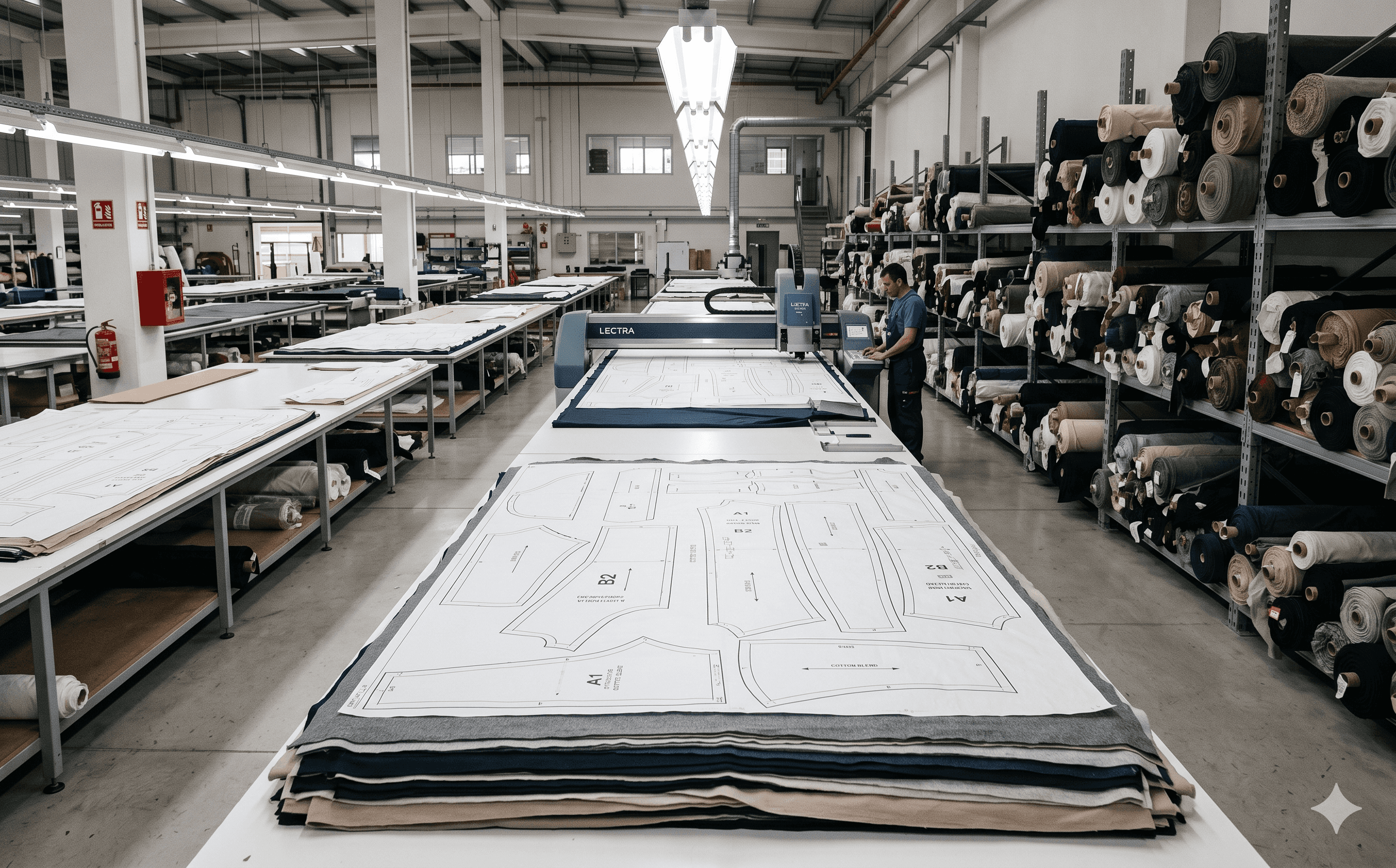 Long cutting tables with layered fabric spread and paper marker on top, Lectra automated cutting machine in the background, fabric rolls shelved along the wall.
