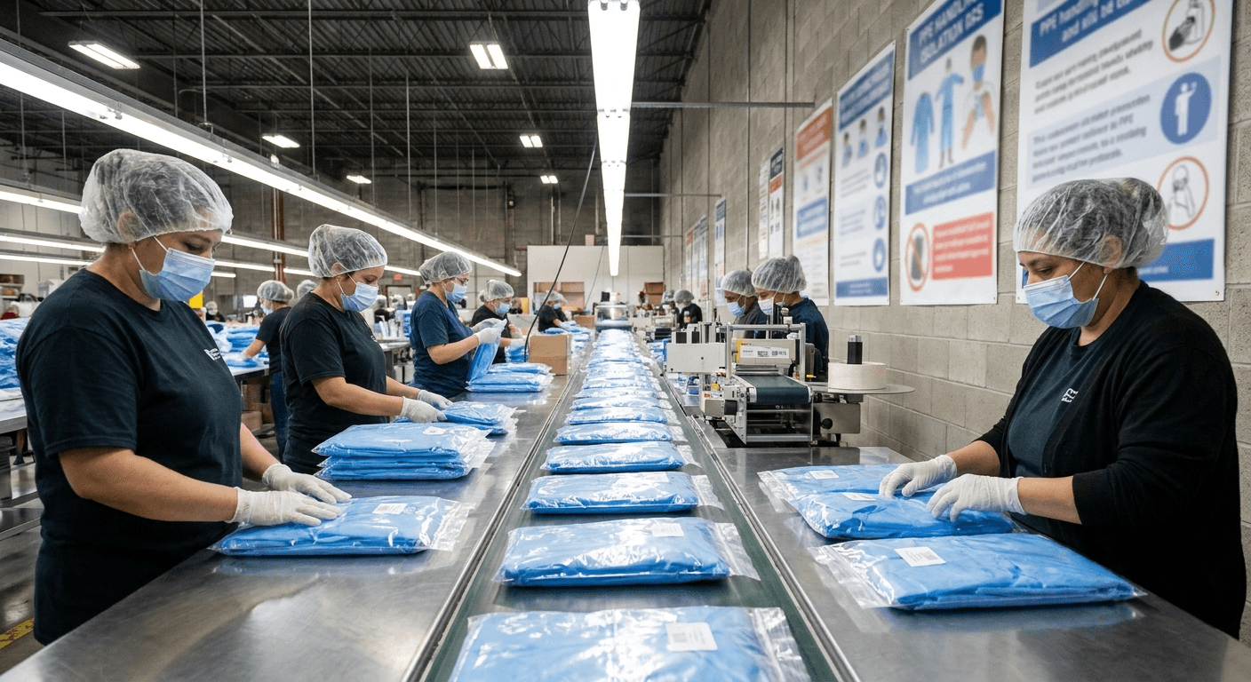 Packing line of protective apparel ready for shipment to healthcare buyers