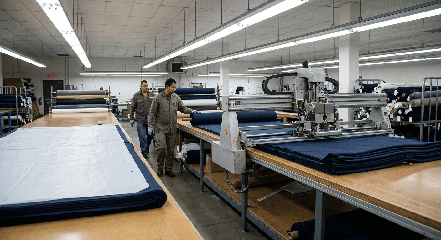 Cut room with fabric spread for a multi-SKU retail production run