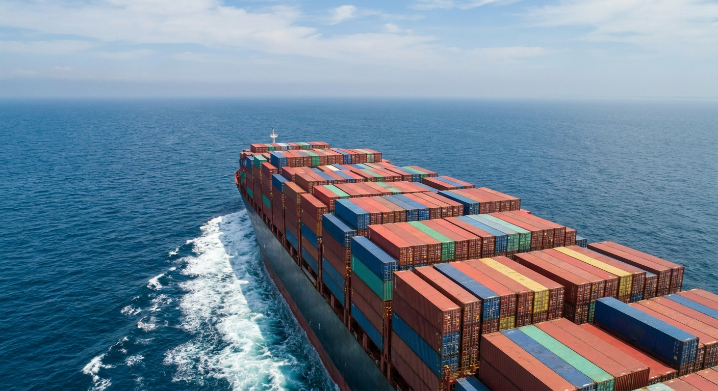 Aerial view of cargo freighter loaded with containers
